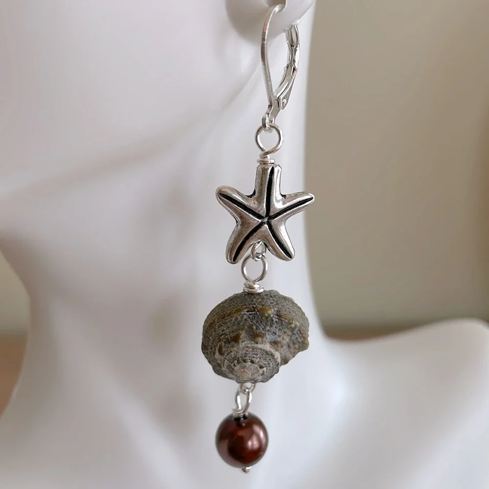 HAND CRAFTED PIERCED EARRINGS Gray Brown Silver Starfish Shells Faux Pearls
